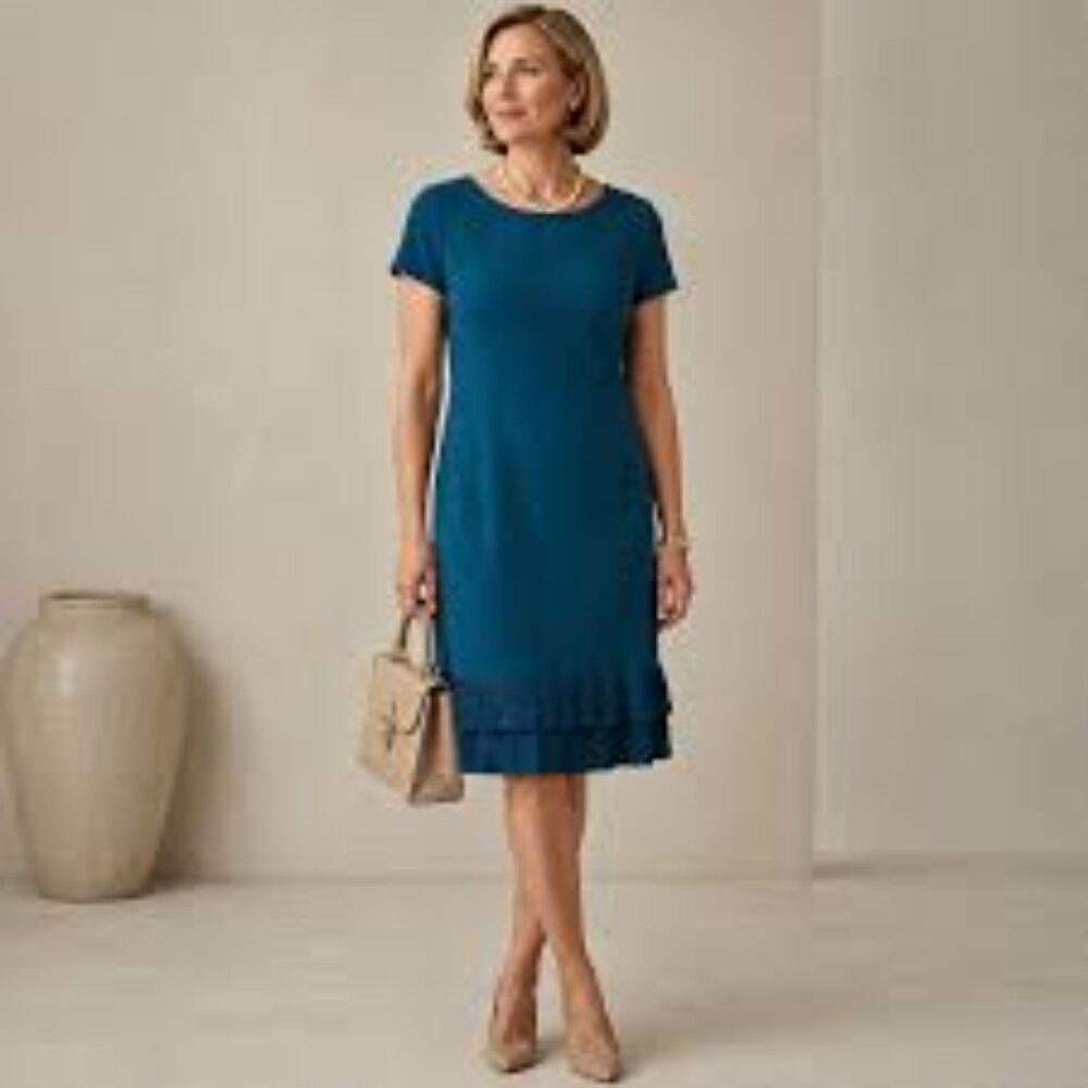 Talbots Petites Size 2P Ponte Knit Pleated Hem Teal Dress Short Sleeve